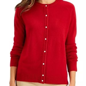 Karen Scott Petite Red Cherry Luxsoft Pearl-Style-Button Cardigan